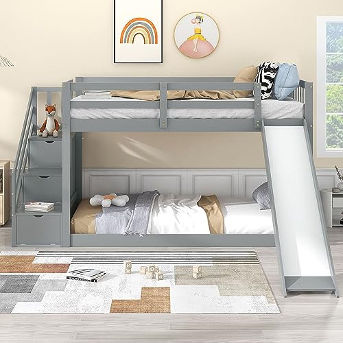 ZYLOYAL10 Kinderbett Baumhaus mit Speicherung und Rausfallschutz 90 x 200 cm, Hochbett für Kinder– 2X Lattenrost (Grau)