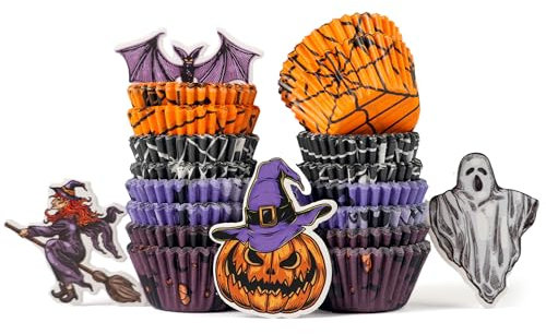 400 Stück Mini Muffinförmchen Papier Mit Toppern(12 Stück) - Halloween Deko 3,5×2,4×5 cm