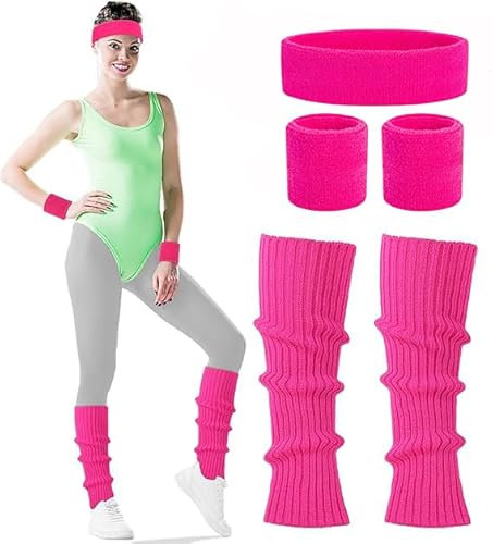 AKSXU 80er Jahre Accessoires, Pink Schweißband Set mit Haarband Sport, Wristbands,Stulpen, 80er 90er Jahre Outfit Damen Accessoires für Karneval Fasching 80er Party Team Building Events,Neon Pink