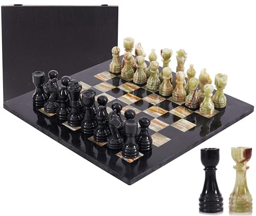 Marmor-Schachspiel 38,1 cm, handgefertigt in Schwarz & Koralle, mit 34 Figuren & Aufbewahrungsbox. Luxus-Reisespiel für Erwachsene, stilvolles Geschenk & Deko (Black & Green Onyx)