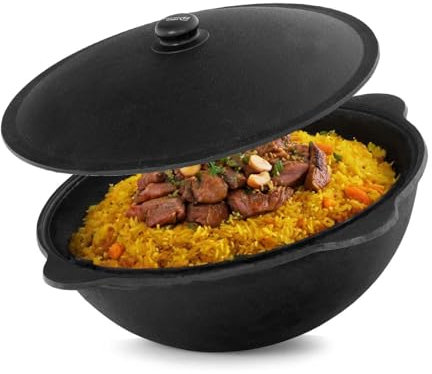 Kazan aus Gusseisen 10L mit Aluminium Deckel WOK Schwenktopf NAMANGAN (runder Boden) Uzbek Camping Kasan Uzbekisch Cast Iron KESSEL Usbek Asia Topf