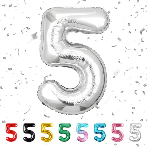 balloon Geburtstag zahlen Silber luftballon 5 jahre | Folienballon 5 -Riesen Folienballon in 40 - 101cm Geburtstagsdeko - Ballon Zahl Deko zum Geburtstag - fliegt mit Helium
