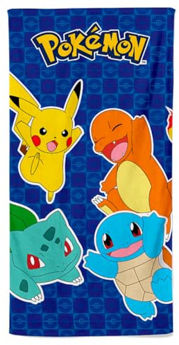 Toallas de Playa Oficial de Pokémon Iniciales de Kanto, Toalla de Playa de Microfibra 70x140cm, Toalla de Baño de Secado Rápido, Toalla de Piscina Grandes para Niños y Adultos (Licencia Oficial)