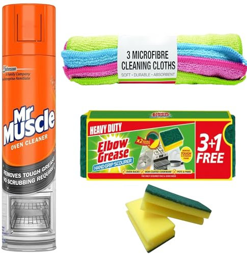 Mr Muscle Oven Cleaner Spray 300ml Each (Pack of 1) - Oven BBQ Cleaner Degreaser - Removes Tough Grease - No Scrubbing Required with 3 pcs Microfibre Cleaning Cloth and Degreaser Sponge 3+1