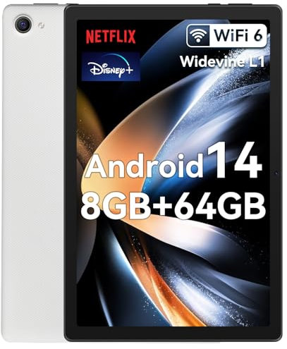 Whitedeer Tablet 10 pollici Android 14 Octa-Core, Face ID, OTG, 8GB+64GB+1TB Espansione, 1280 * 800 IPS, Split-Screen, WiFi 6, BT5.3, Doppia Fotocamera 5MP+8MP, 5000mAh, Widevine L1 (Bianco)