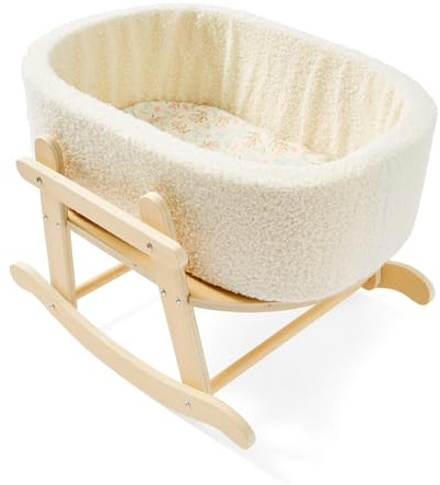 Wooden Baby Doll Crib, Baby Doll Bed Toys for Cat Dog, Wooden Boucle Bassinet for Dolls Up to 16 Inch, Doll Accessories with Mattress and Bassinet, Gift for Boys & Girls