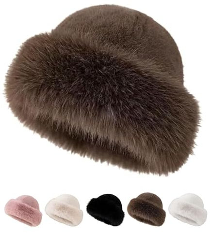 Générique Womens Winter Faux Fur Bucket Hat,Faux Fur Bucket Hats for Women,2025 New Thickened Warm Fluffy Bucket Hat (Brown,A)