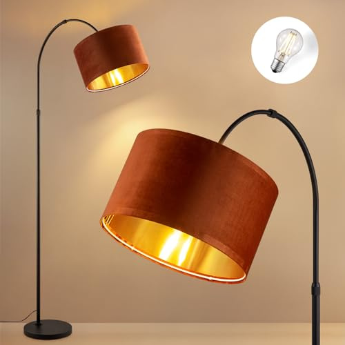 Home Sweet Home Bogenlampe Wohnzimmer Schwarz 179cm, Vintage Stehlampe mit Samt-Schirm (Außen Rostrot, Innen Gold), Inkl. E27 LED, 350° Drehbar, 220cm Kabel, Robuste Standleuchte Deko