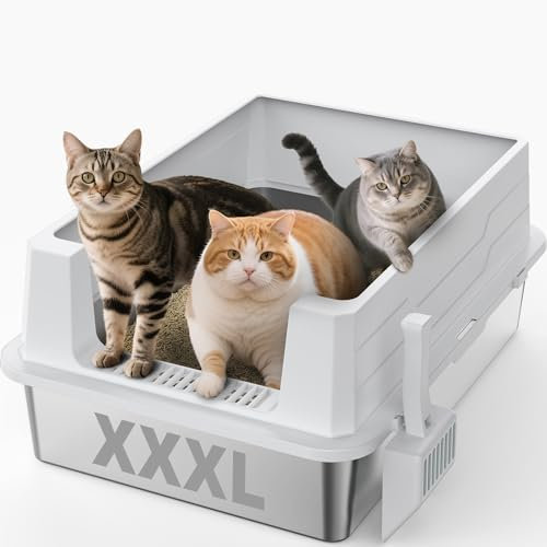 MIXJOY XXXL Stainless Steel Cat Litter Tray, Metal Cat Litter Box with 31cm High Sided, 71cm Extra Large Litter Box with Detachable Lid for Big Cats/Multiple Cats, with Litter Scoop, 71x51x31cm