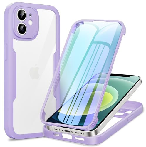 Phoona für iPhone 12 Hülle, 360 Grad Robust Stoßfest Schutzhülle mit Eingebautem Displayschutz, Case Transparent Panzerhülle Handyhülle für iPhone 12, Lila