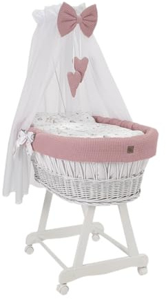 Wiklinopol Cestino Moses con baldacchino Lena – Culla in vimini con struttura – Cestino bianco, set completo con biancheria a nido d’ape 5 pz. Coniglietto rosa – Con ruote, portatile, sicuro