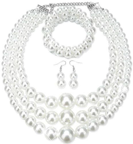 LaVenty Perlenkette Choker Vintage 1920s Kostüm Accessoires Lange Halskette | Perlenkette Choker Vintage 1920s Kostüm Accessoires Lange Halskette Perlen Choker Halskette Kostüme für Erwachsene