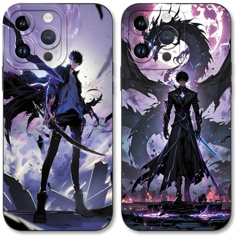 TBNMBGY 2 Stück Anime Schwarz Handyhülle für Apple iPhone 15 Plus 6,7 Hülle, Manga Solo Leveling Heißblütiger Motiv Muster für Junge, Stoßfest TPU Kratzfest Fallschutz Cartoon Schutzhülle, Motiv