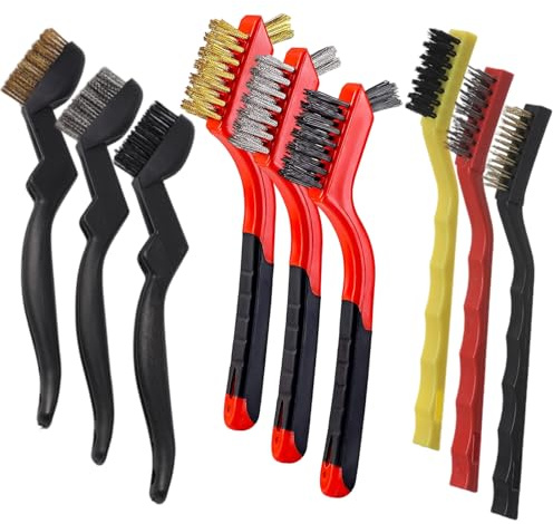 Wire Brush Set, 9 Pcs Stainless Steel, Nylon, Copper & Plastic Bristles, Medium Grit, for Rust Removal, Paint Stain Cleaning, Metal Parts Maintenance