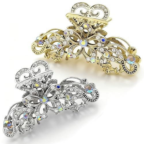 2 fermagli per capelli vintage, con strass lucidi e impugnatura floreale in metallo con denti antiscivolo, impugnatura per capelli cava in metallo, eleganti accessori per capelli da sposa per donne e