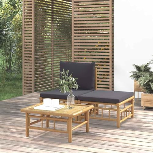 Hoopleep 3-TLG. Garten-Lounge-Set, Bambus Natur, mit Dunkelgrauen Kissen, 65x55x30cm Tisch, für Terrasse, Balkon und Außenbereich, Modulare Sitzgruppe