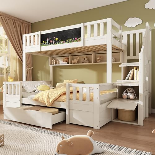 Trdlpyn Letto a Castello per Bambini 90x200 e 140x200CM, Letto a Soppalco con Lavagna, Scaletta Portaoggetti, Cassetti e Scaffale Aperto a Tre Scomparti, Struttura del letto in Legno(Senza Materasso)