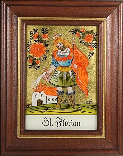 Hinterglaswerkstätten - Hinterglasbild/Patronatsbild Hl. Florian mit braun gebeizten Holzrahmen, handbemalt mit Legende des Heiligen auf der Bildrückseite, ca. B: 12,5 x H: 16 cm