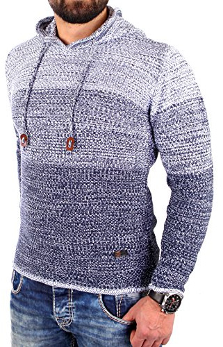 Reslad Strickpullover Herren Colorblock Kapuzen-Pullover Hoodie RS-3108 Indigoblau M