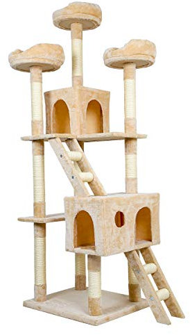 Mondeer Cat Tree Cat Scratching Post Cat Tall Tower,Stable Cat Palace with Two Cat Cave,Three Platforms and Two Climbing Ladders (Beige)
