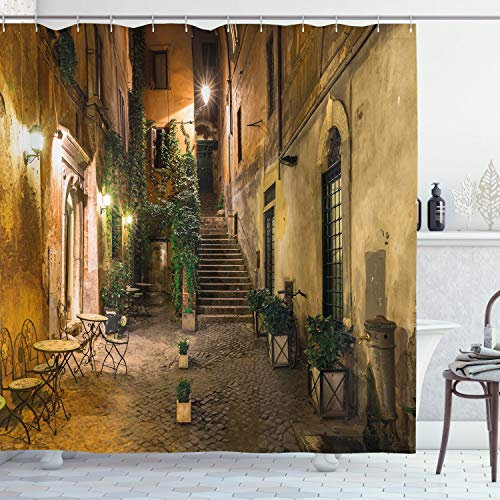 ABAKUHAUS Italienisch Duschvorhang, Old Cafe in Rom Stadt, Stoffliches Gewebe Badezimmerdekorationsset mit Haken, 175 x 220 cm, Orange Braun Grün