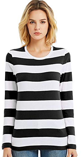 Long Sleeve Tops Women Wide Striped T Shirts Round Neck Black White Stripe Tee M