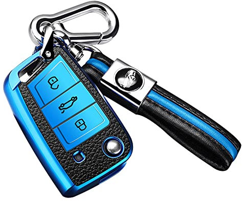 ontto Klapp 3 Taste Autoschlüssel Hülle Abdeckung für VW Volkswagen Polo MK7 Golf 7 T-ROC Touran Skoda Seat Fabia Silikon und Leder Schlüsselhülle Schlüsselanhänger Schlüsselbox Schlüsselschutz-Blau