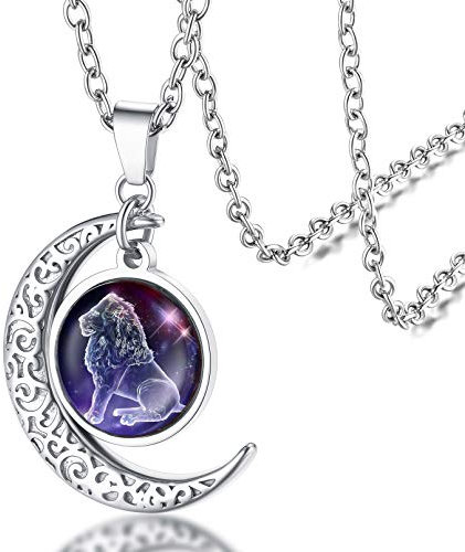 Collier Signe Astrologique Lion Femme,Pendentif Demi Lune Style Zodiaque en Acier Inoxydable avec Chaîne Réglable,Bijoux Horoscope Porte Bonheur Cadeau Anniversaire pour Femmes Enfant Fille