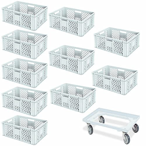 BRB 10 Eurobehälter, LxBxH 600x400x240 mm, Industriequalität, lebensmittelecht + 1 Transportroller, weiß