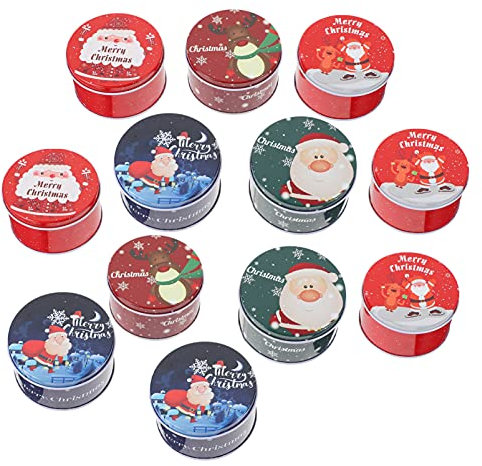 BESTonZON 12 Stück Weihnachts-Blechdose, Weihnachts-Plätzchendosen aus Weißblech mit Weihnachtsmann, runde leere Dosen mit Deckel, Weihnachts-Blechdose zur Aufbewahrung von Süßigkeiten