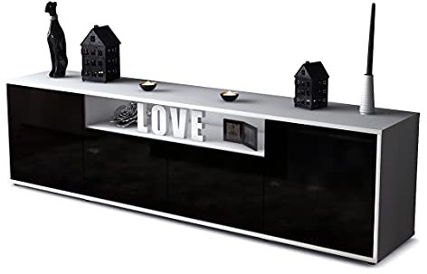 Stil.Zeit TV Schrank Lowboard, Akela, Korpus Weiss matt, Front Hochglanz Design Schwarz, (180x49x35cm), Push to Open Technik & Leichtlaufschienen