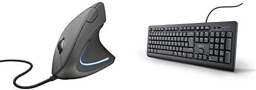 Trust 22885 Verto Vertikale Ergonomische Maus, Schwarz & 24092 Taro Kabelgebundene Tastatur - Deutsches QWERTZ Layout, Leise Tasten, Spritzwassergeschützt, USB-Anschluss, 1.8 m Kabellänge - Schwarz