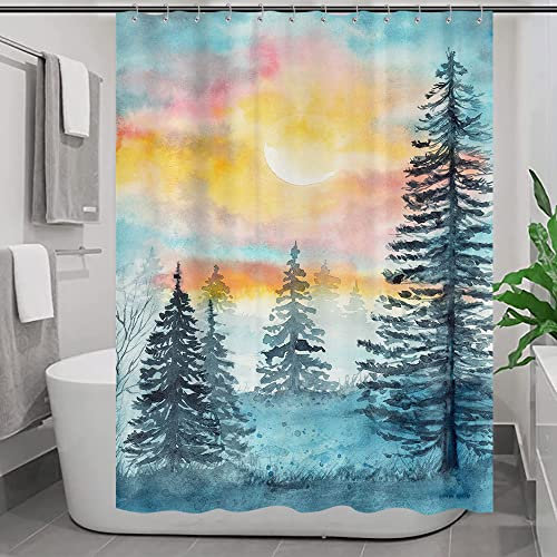 Duschvorhang mit Wasserfarbenwald, Wohnmobil, Dschungel, Wald, Kiefernholz, Baum, Sonnenuntergang, Camper, Stoff-Duschvorhang-Set, Blau und Grau, natürlicher Waldstand, Duschvorhang für Reiseanhänger,