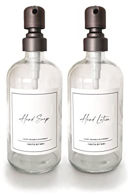 Klarglas-Seifenspender – Silberne Edelstahlpumpe – Handseifen- und Lotionspender-Set – Glas-Küchenseifenspender-Set – 500 ml – Badezimmer-Seifenspender – wasserdichte Etiketten