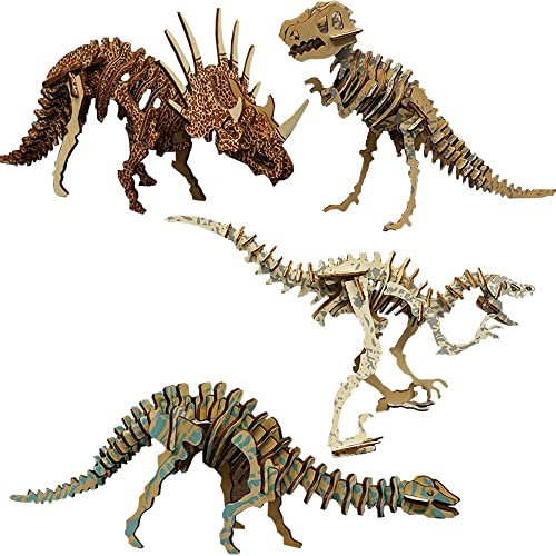 Fycooler Kinder 3D Holzpuzzle Dinosaurier Baukasten - Hölzerne 3D Puzzle Holzhandwerk Kinder Puzzle Spielzeug Dino Holzpuzzle Dinosaurier DIY Geschenk-Diplodocus/Tyrannosaurus/Triceratops etc. 4Sätze