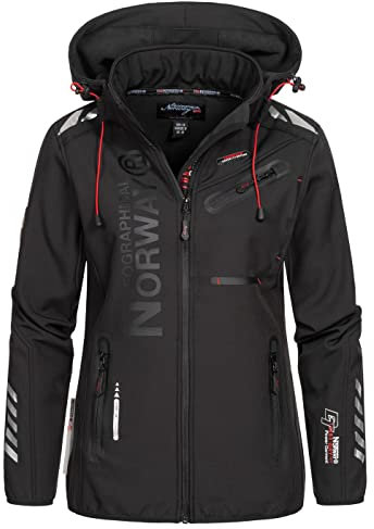 Geographical Norway REINE Lady – Veste/Softshell Femme, Blouson coupe vent resistant et impermeable – Jacket à capuche Outdoor (as4, alpha, l, regular, regular, Noir/Noir, L)