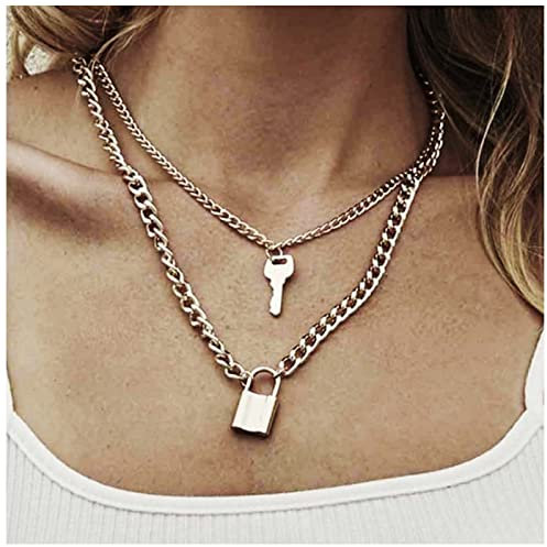 Allereya Punk Layered Lock Halskette Vorhängeschloss Anhänger Halskette Silber Schloss Schlüssel Halskette Panzerkette Halskette Schmuck für Frauen und Mädchen Geschenk (Silber)