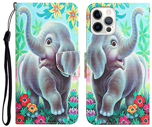 For iPhone 12 Pro Max Case Shockproof Cute Pattern with Credit Card Holder Stand Women Kids Leather Flip Folio Wallet Protective Phone Cover Compatible with iPhone 12 Pro Max - Elephant