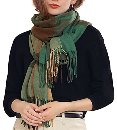 Damen Schal Webschal Klassisch Großer Kariert Lange Schal Shawl mit Fransen Elegant Damenschal Winterschal aus Kaschmirimitat Umhängetuch Warm Weich Komfort für Herbst Winter 65×185cm - Dunkelgrün