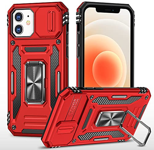 Cover Compatibile con iPhone 12/12 Pro 6.1,Protezione Fotocamera Slidable Custodia Antiurto Case Anello Supporto Silicone Custodie,Rosso