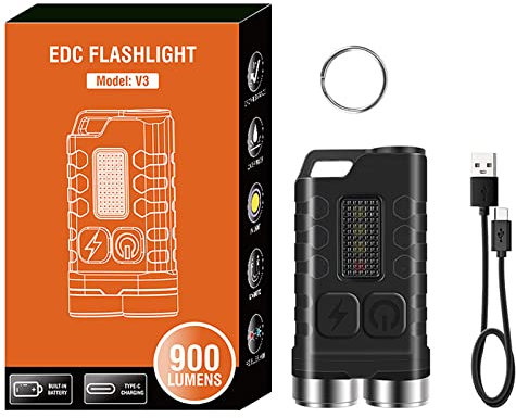 Aedcbaide Torches Led Super Bright Rechargeable Torch, 900 Lumens Small Torch Mini Flashlight V3 LED Keyring Torch with Cap Clip, IP65 Waterproof USB Rechargeable with 12 Modes for Camping Tail Magnet