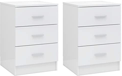 WIFESE 2er Set Nachttisch mit 3 Schubladen 38x35x56 cm Nachtkästchen Nachtschrank Boxspringbett Nachtkommode Bedside Table Beistelltisch Hochglanz Weiß Nachttischschränke Kommode Holzwerkstoff
