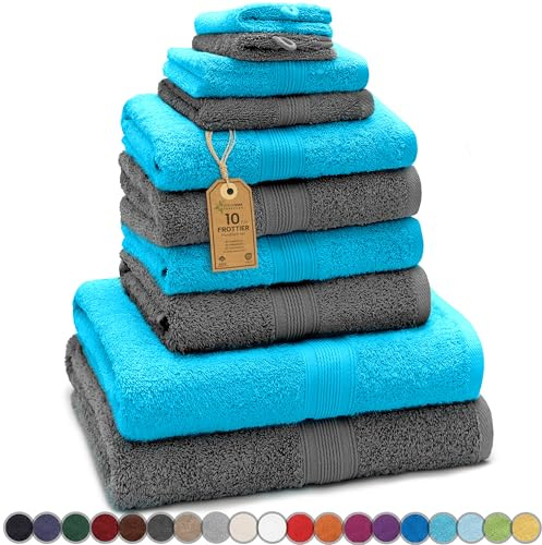 Green Mark Handtuch-Set mit 10 Teilen – 100% Baumwolle – 4 Handtücher 50×100 cm, 2 große Duschtücher 70×140 cm, 2 Gästetücher 30×50 cm und 2 Waschhandschuhe – Anthrazit/Türkis