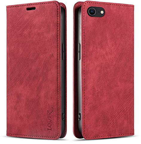 LOLFZ Handyhülle für iPhone SE 2022 iPhone SE 2020 iPhone 8 iPhone 7, Premium PU Lederhülle Kartenfach Standfunktion Magnetische Klappbare Schutzhülle für iPhone 7/8/SE 2020/SE 2022 - Rot