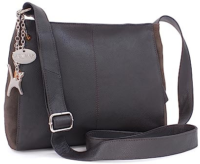 Catwalk Collection Handbags - Damen Umhängetasche Mittelgroß - Crossbody Bag - Leder und Wildleder - Verstellbarer Schultergurt - Charlotte - Braun