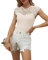Hount Tops für Damen Spitzen Flügelärmel Oberteile Strick Blusenshirt Sommer Plain Tshirt (L, Beige)