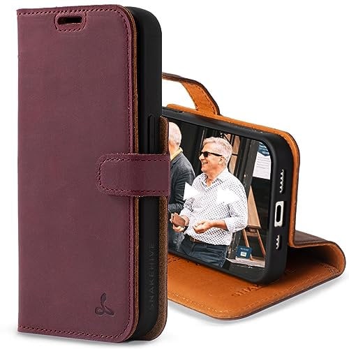 Snakehive Leather Wallet for iPhone 15 Pro || Real Leather Wallet Phone Case || Genuine Leather with Viewing Stand & 3 Card Holder || Flip Folio Cover with Card Slot (Plum)