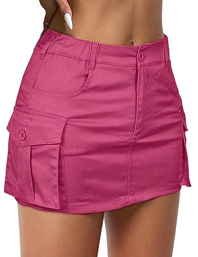 Mini gonne cargo da donna Y2k gonna corta in denim con tasche a vita bassa con bottoni a vita bassa gonne di jeans, Rosa caldo, L