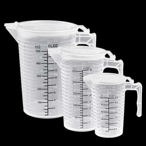 LIMITADA Vaso Medidor con Tapa de Plastico, 3 PCS Jarra Medidora Plastico 100ML+ 250ML+ 500ML Taza Medidora de Plastico Transparente con Escala y Asa para Medir Líquidos para Hornear y Experimentar