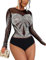 MAYFASEY Women's Rhinestone Studded Mesh See Through Bodysuit Long Sleeve Sheer Bodysuit Tops, Black, M